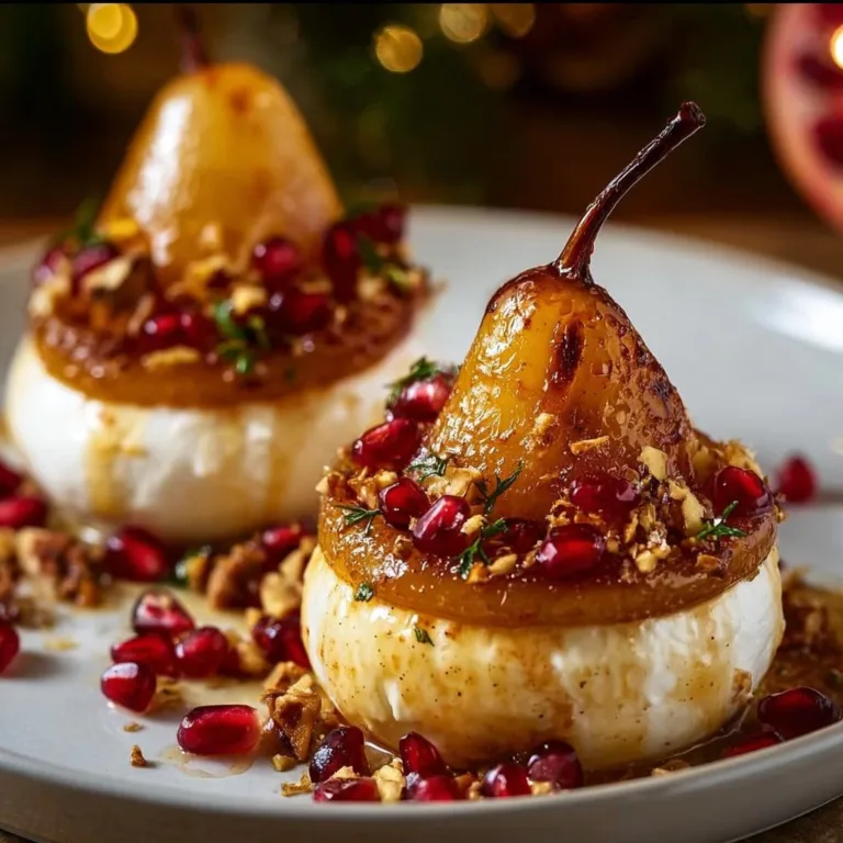 Golden Caramelized Pear & Burrata Towers on a plate, showcasing a gourmet dish.