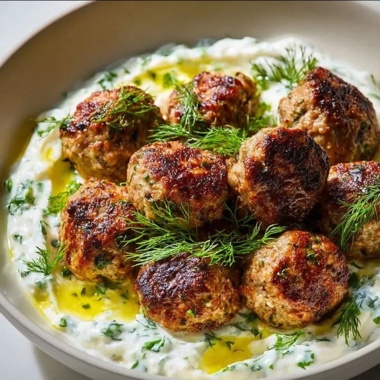 Delicious Greek Meatballs served with tzatziki sauce and parsley