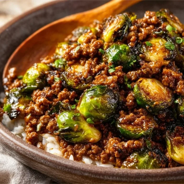 Ground beef and Brussels sprouts stir-fry in a colorful dish