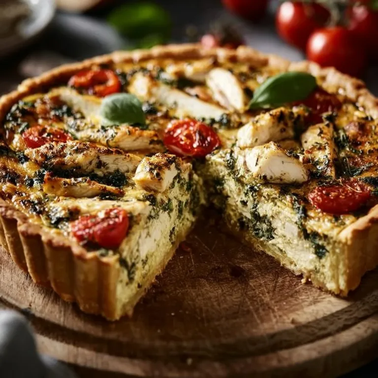 Hearty Pesto Chicken Quiche topped with fresh herbs and served on a plate