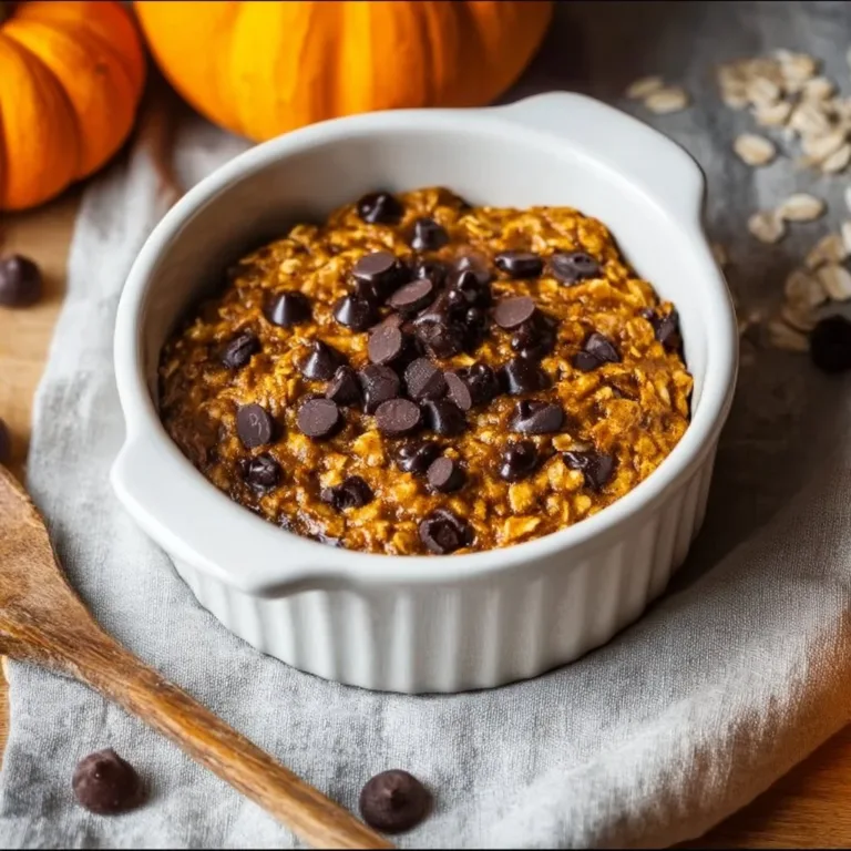 Delicious higher protein pumpkin baked oatmeal with chocolate chips in a bowl