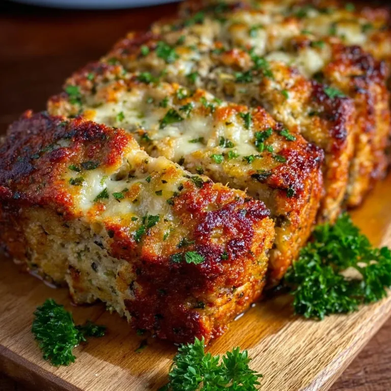 Italian-inspired chicken meatloaf served with herbs and tomato sauce.