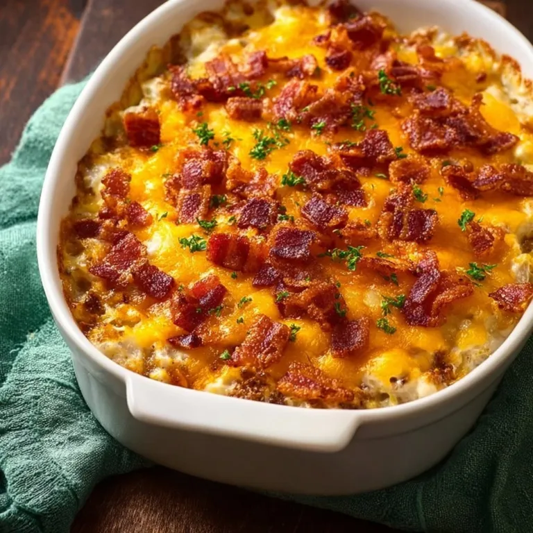 Delicious loaded corn casserole baked in a dish with toppings.