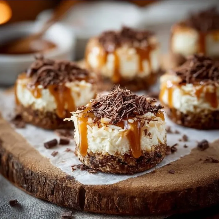 Mini Samoas cheesecakes topped with caramel and toasted coconut