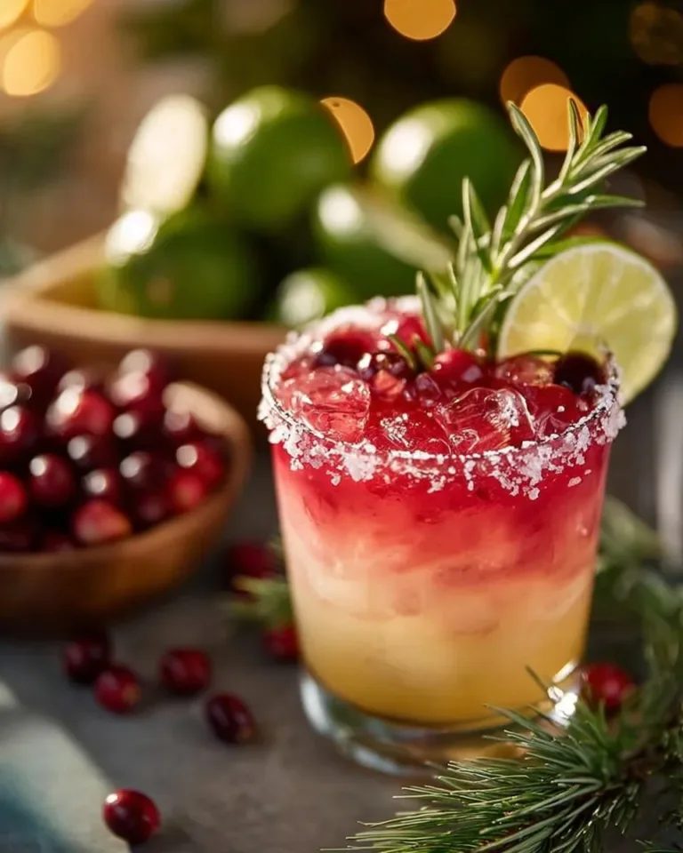 Festively garnished Mistletoe Margarita in a glass with holiday decor