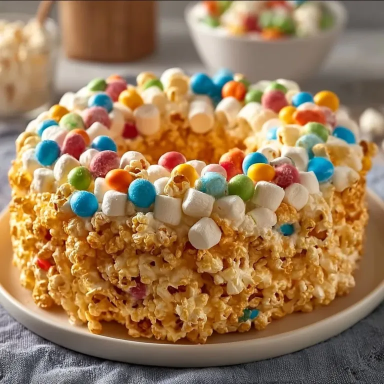 No bake popcorn marshmallow cake topped with colorful sprinkles and marshmallows.