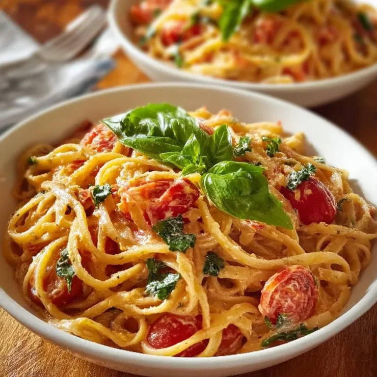 One Pan Creamy Tomato Pasta in a bowl with fresh herbs and parmesan cheese