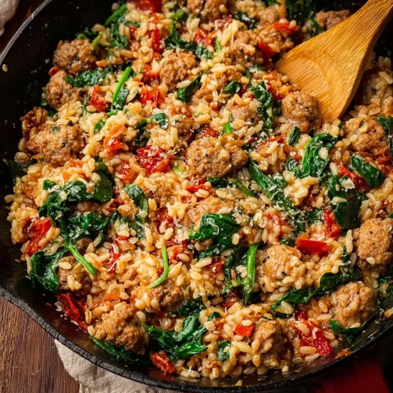 One-pan dish with spicy Italian sausage and rice in a skillet