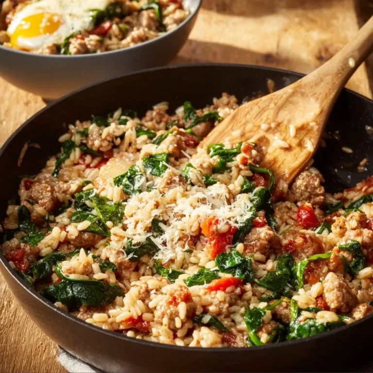 One-Pan Spicy Italian Sausage and Rice dish served in a skillet