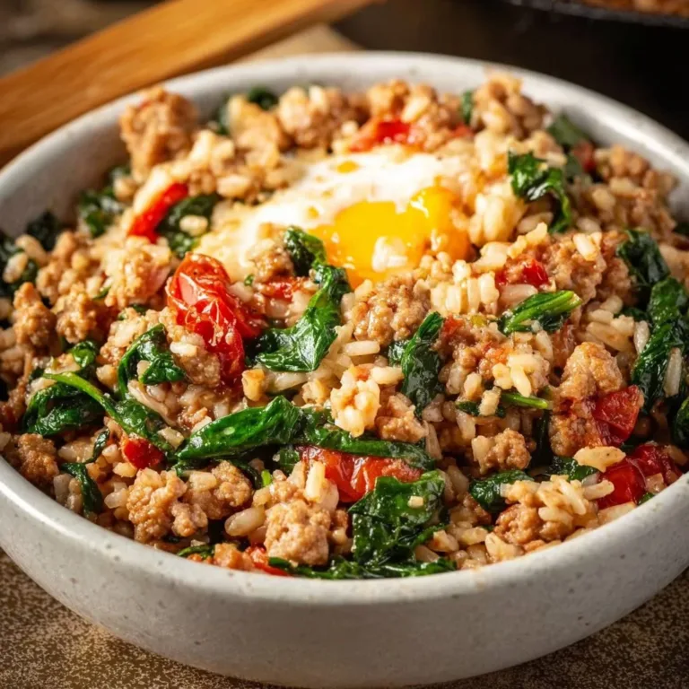 One-Pan Spicy Italian Sausage and Rice dish with colorful vegetables in a skillet