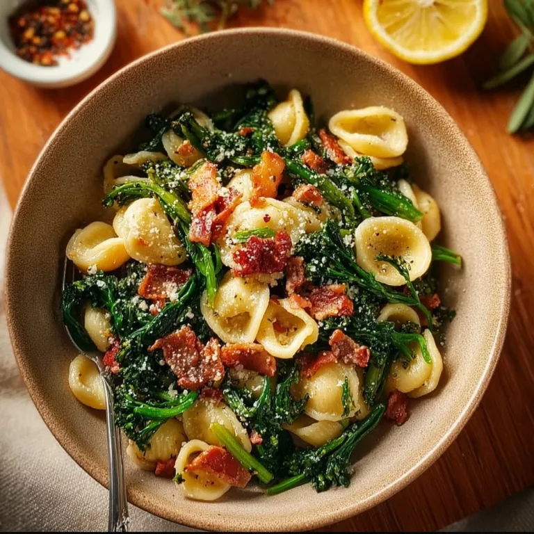 Plate of orecchiette pasta with broccoli rabe in a savory sauce
