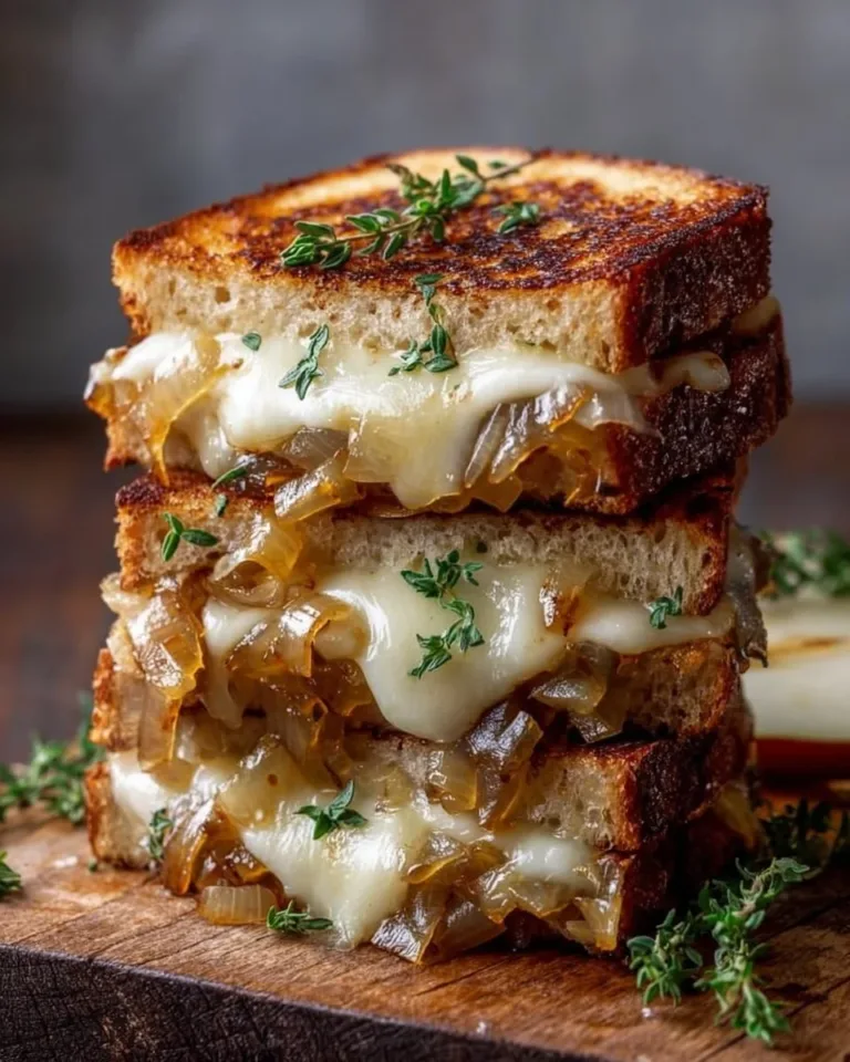 Pear and apple grilled cheese sandwich topped with caramelized onions.