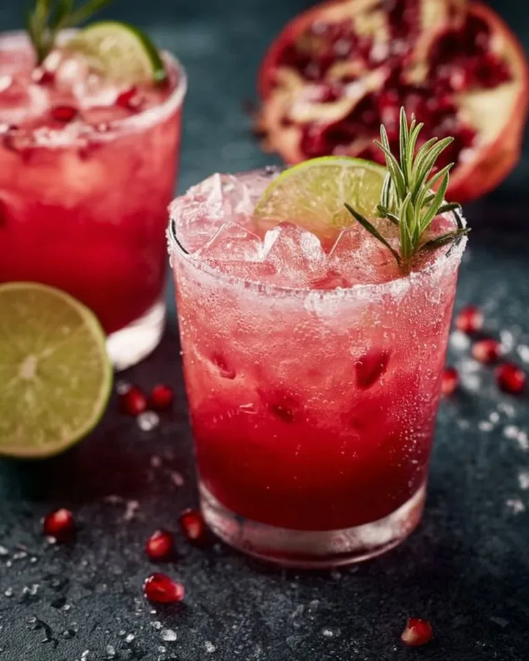 Refreshing Pomegranate Paloma cocktail garnished with lime and pomegranate seeds.