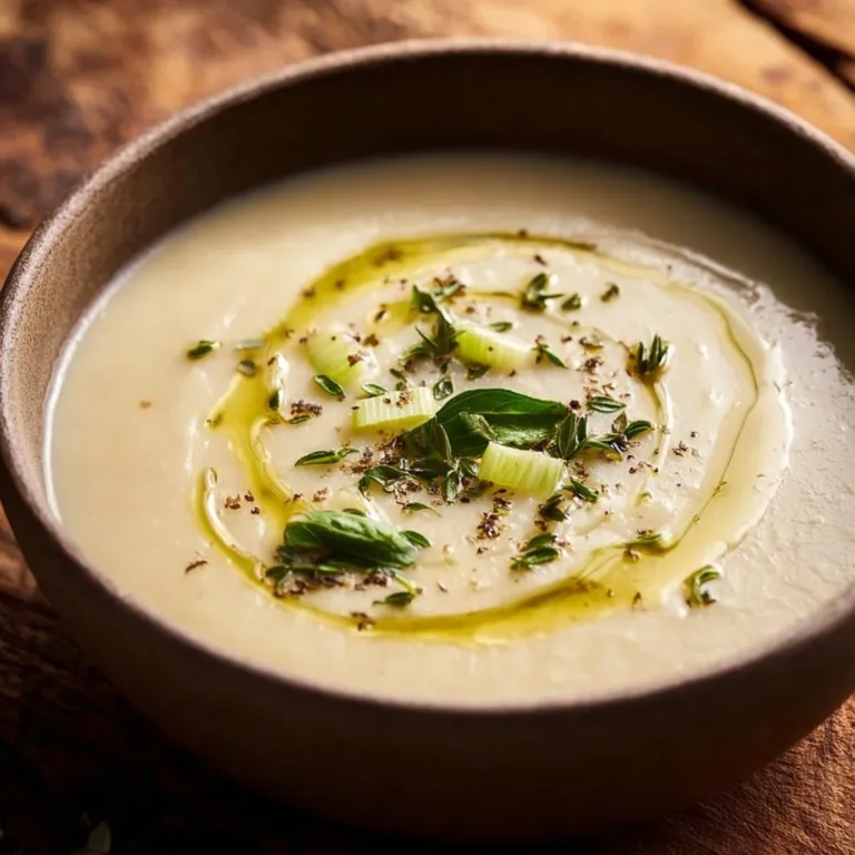 Bowl of creamy Potato Leek Soup garnished with fresh herbs