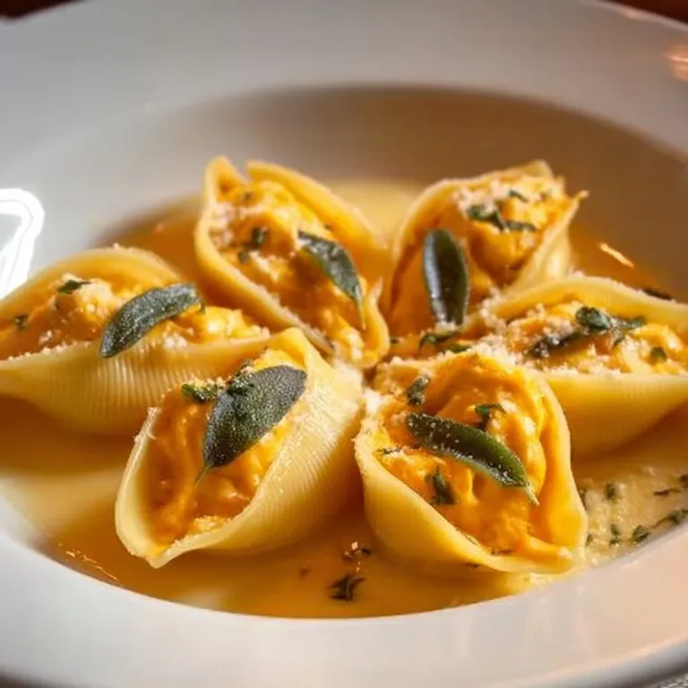 Pumpkin and Gouda stuffed shells in brown butter sage Alfredo sauce