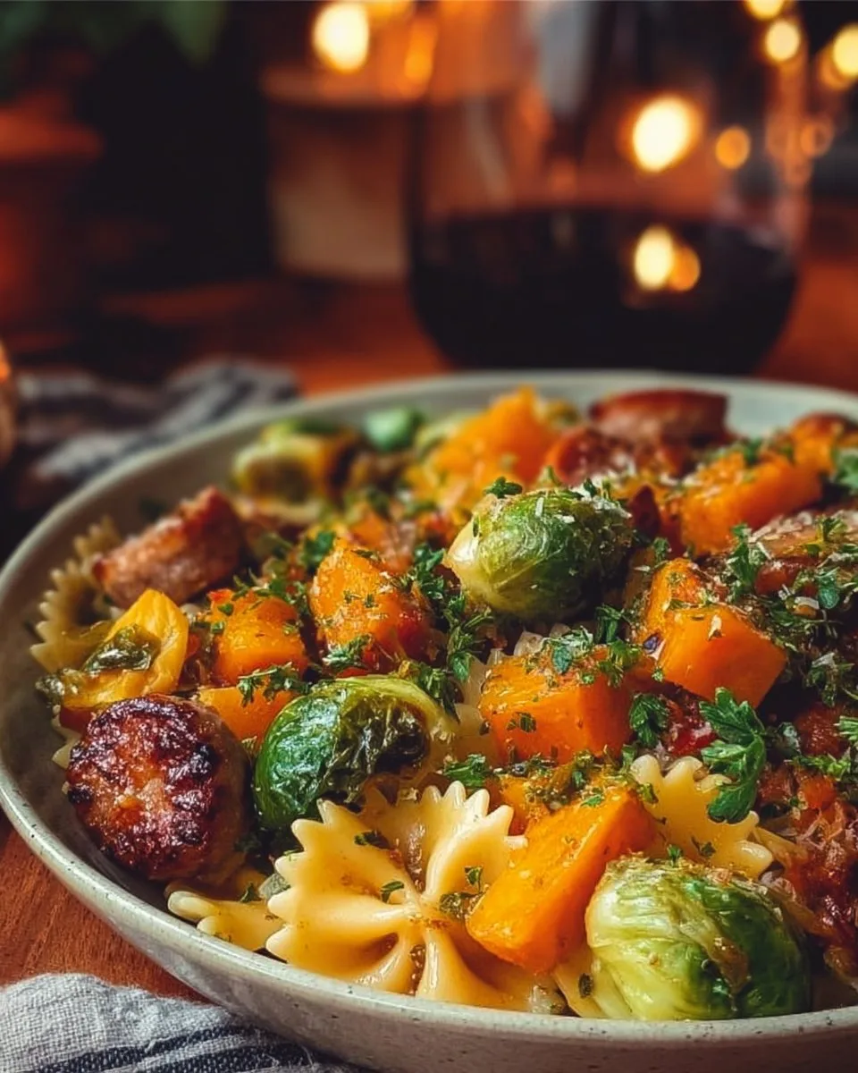 Autumn Dinner with Sausage, Pasta, Brussels Sprouts, and Butternut Squash