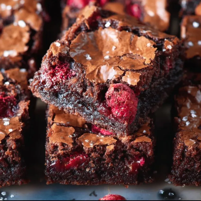 Delicious Raspberry Brownies topped with fresh raspberries and chocolate drizzle