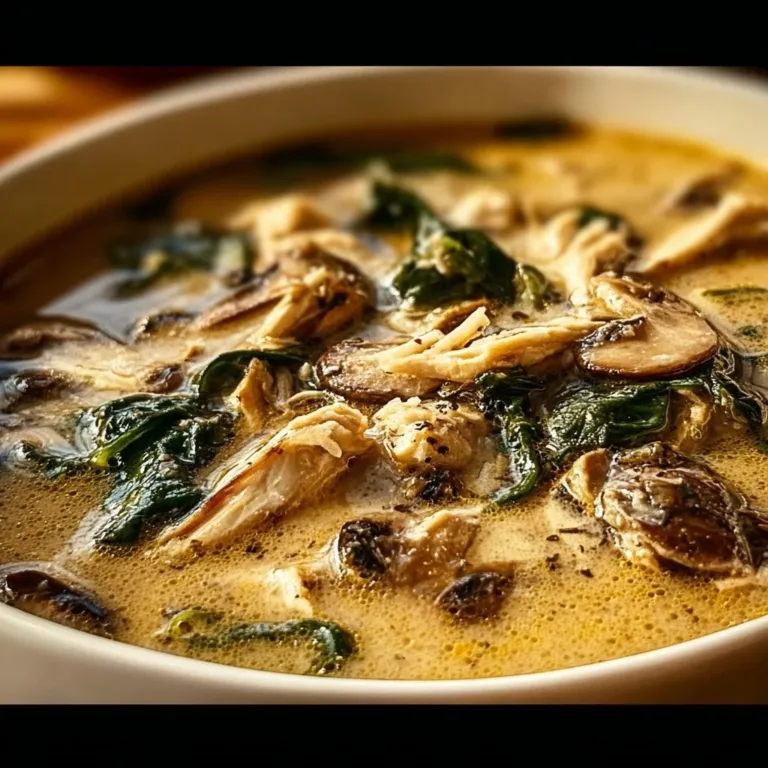 Bowl of rotisserie chicken mushroom soup garnished with herbs.