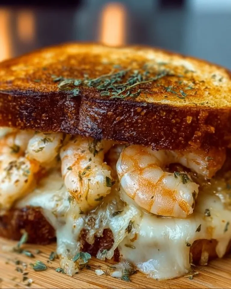 Delicious shrimp grilled cheese sandwich with melted cheese and herbs