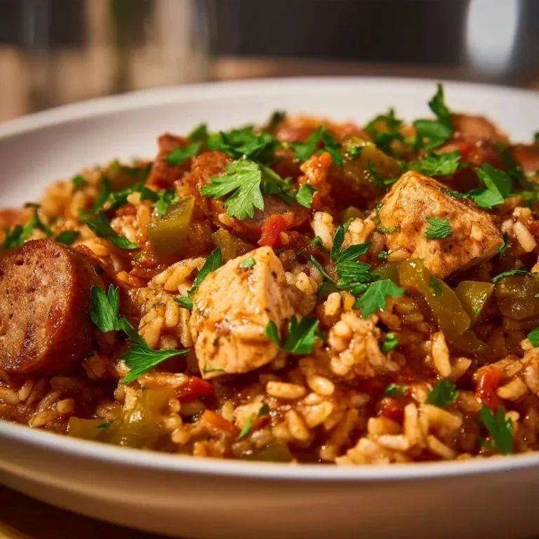 Delicious simple chicken sausage jambalaya served in a bowl