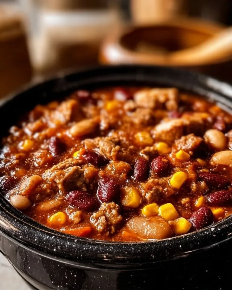 Delicious slow cooker cowboy beans ready to serve in a rustic bowl.