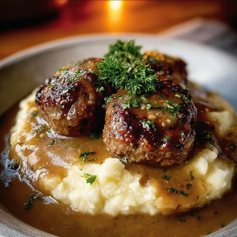 Slow Cooker Salisbury Steak served with garlic herb gravy on a plate
