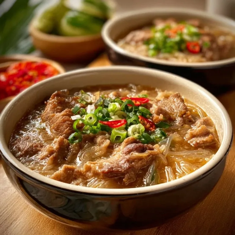 Bowl of Sotanghon Soup with Coconut Milk garnished with herbs