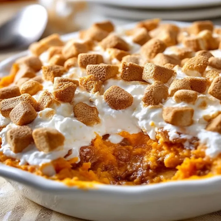 Delicious sweet potato casserole topped with fluffy marshmallows in a baking dish.