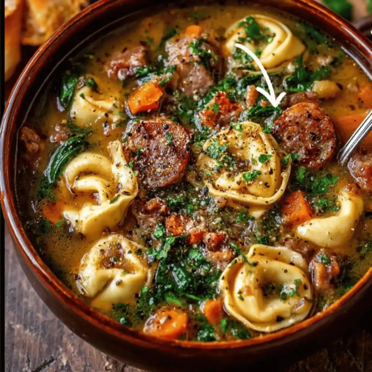 Close-up of creamy Autumn Tortellini Soup with Sausage and spinach in a white bowl