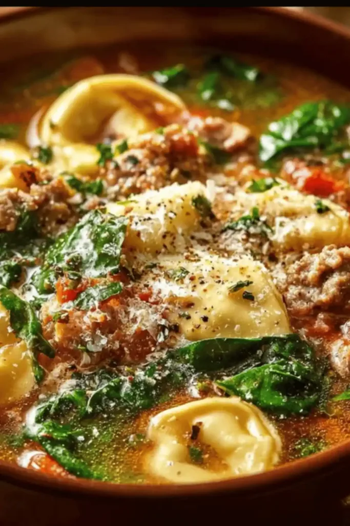 Served bowl of Autumn Tortellini Soup with Sausage, garnished with Parmesan and herbs