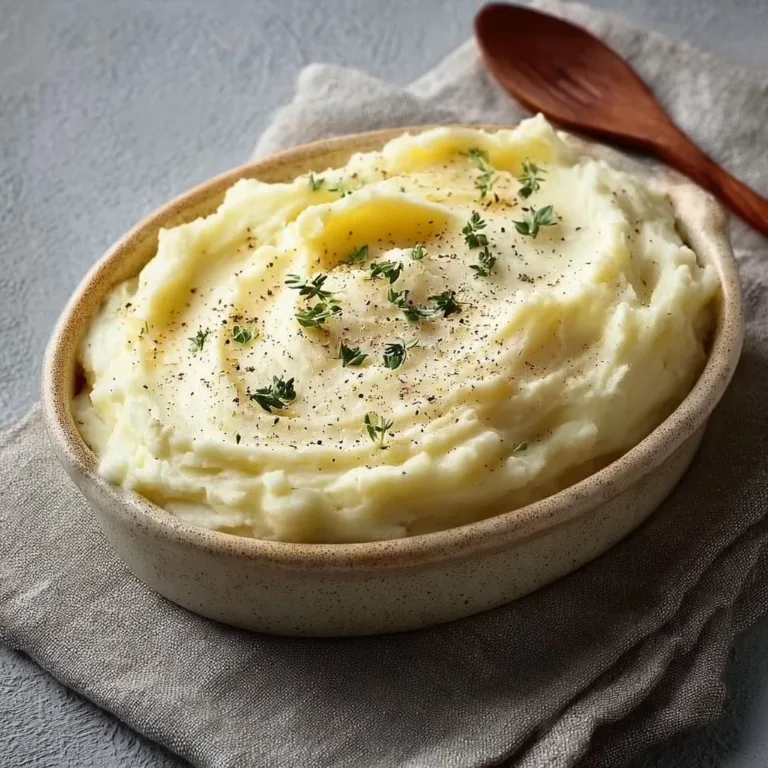Bowl of ultra-fluffy mashed potatoes topped with a pat of butter and parsley.