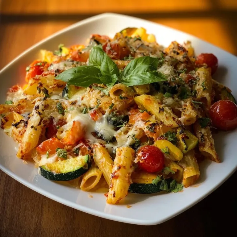 Delicious Veggie Pasta Bake topped with cheese and fresh herbs