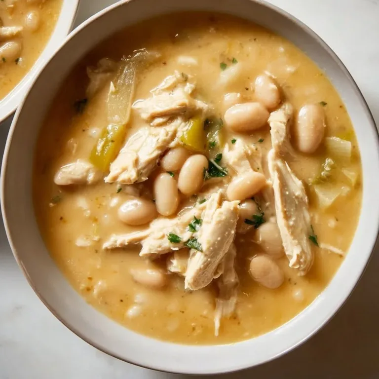 Bowl of White Cheddar Apple Chili topped with cheese and herbs