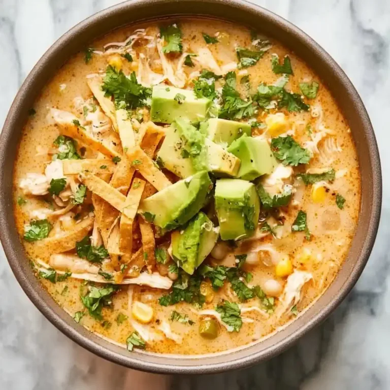 Bowl of award winning white chicken chili topped with cilantro and jalapeños