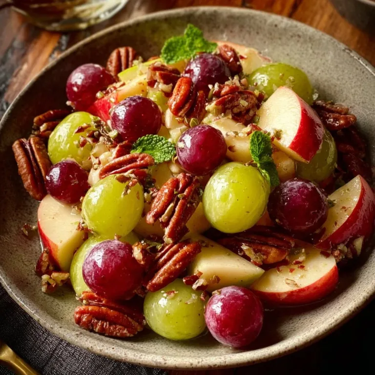 Delicious apple salad with grapes and pecans in a bowl