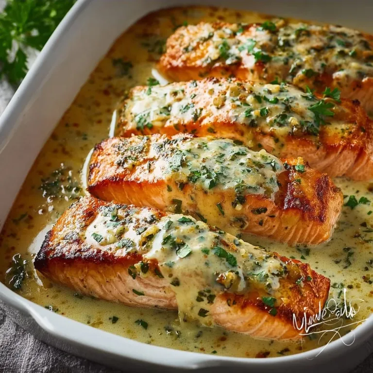 Baked Boursin Salmon topped with creamy cheese, served on a plate.