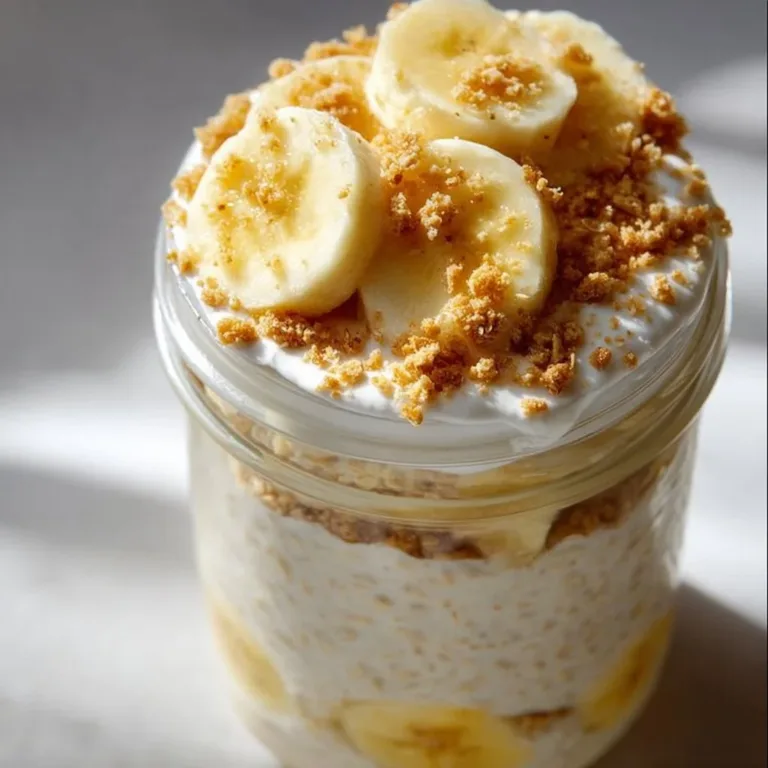 Delicious Banana Cream Pie Overnight Oats in a glass bowl