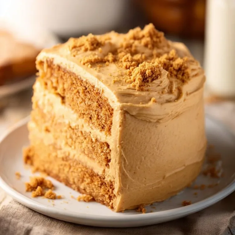 Slice of Biscoff Cake with caramel drizzle and cookie garnishes