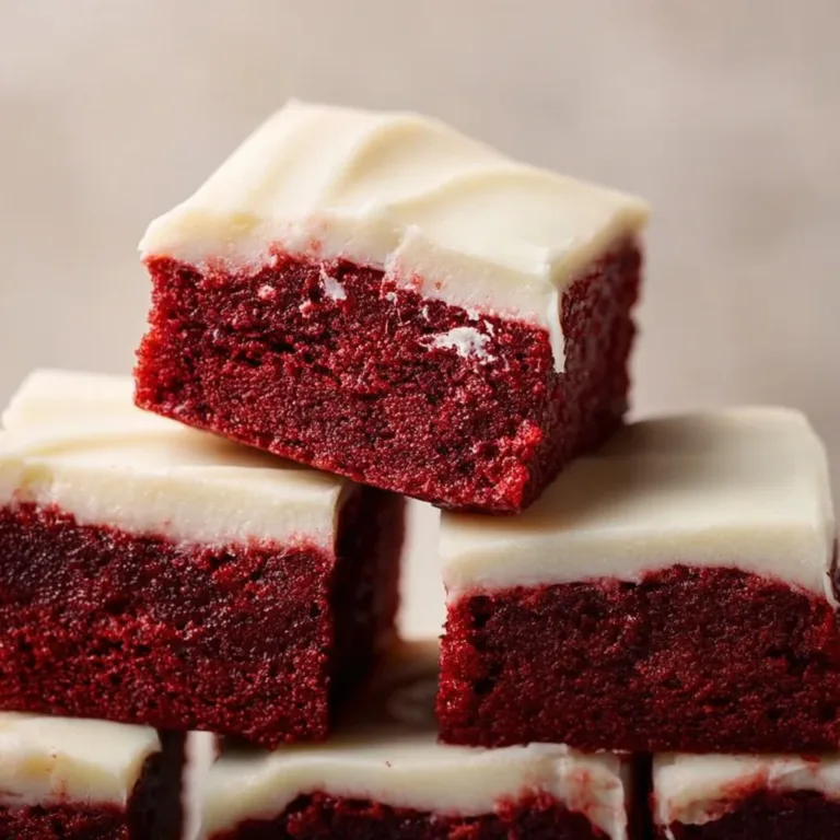 Chewy red velvet brownies with a cream cheese frosting on a plate