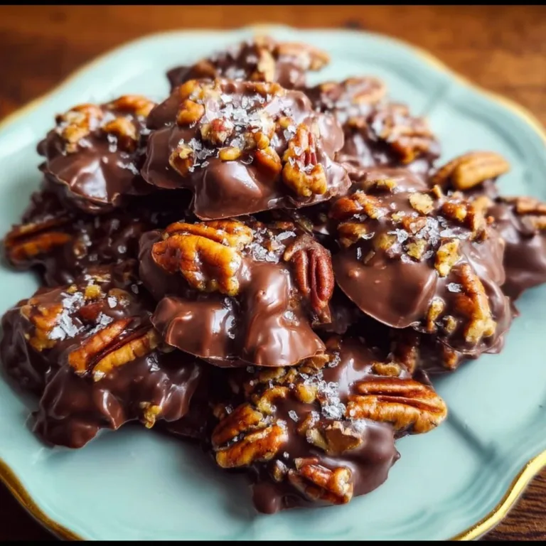 Delicious chocolate pecan turtle clusters with caramel drizzled on top.