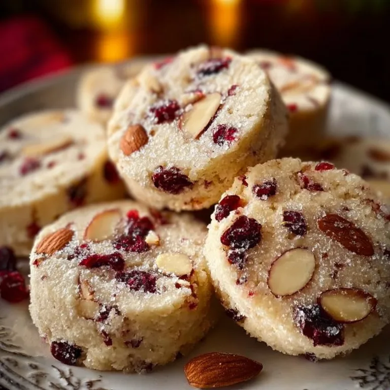 Cranberry almond shortbread cookies on a plate, showcasing their delicious texture and flavors.