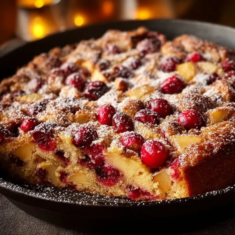 Freshly baked Cranberry Apple Skillet Cake garnished with cranberries and apples.