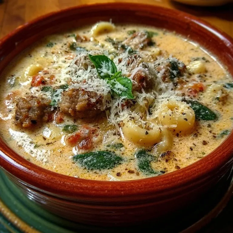 Creamy Parmesan Italian sausage ditalini soup in a bowl garnished with herbs.