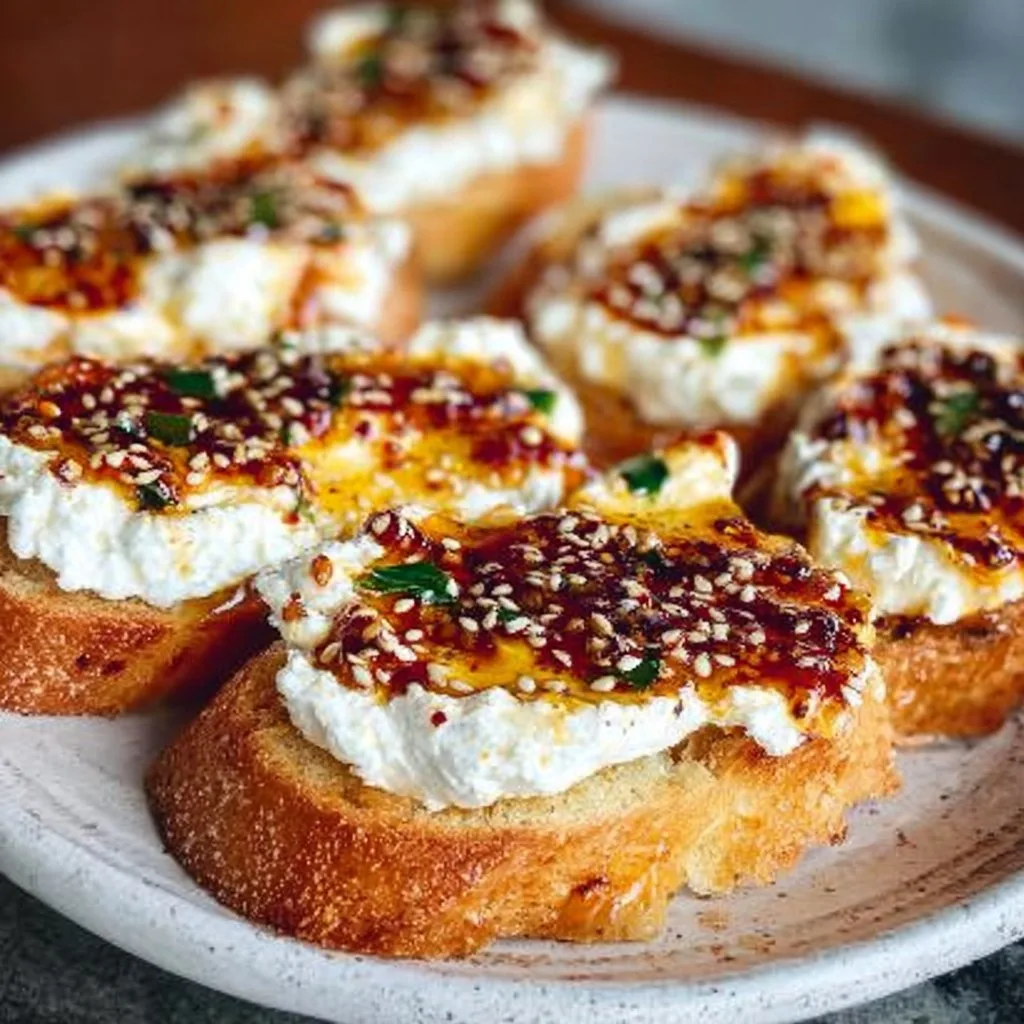 Sweet and Spicy Whipped Feta Crostini
