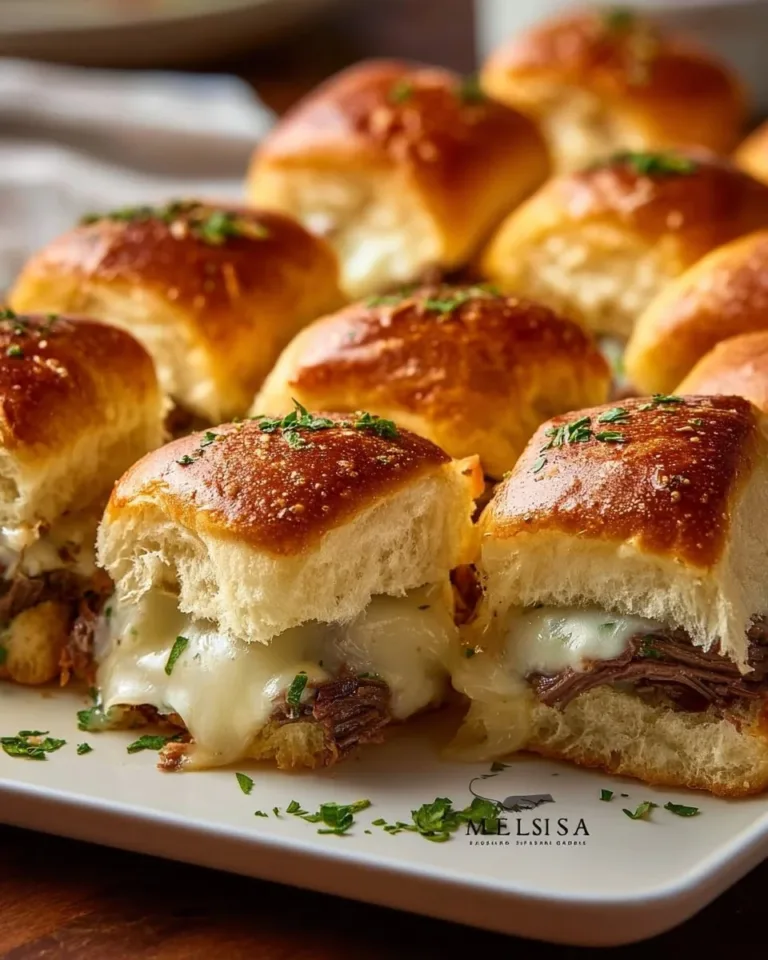 Delicious French Dip Sliders served with au jus for dipping