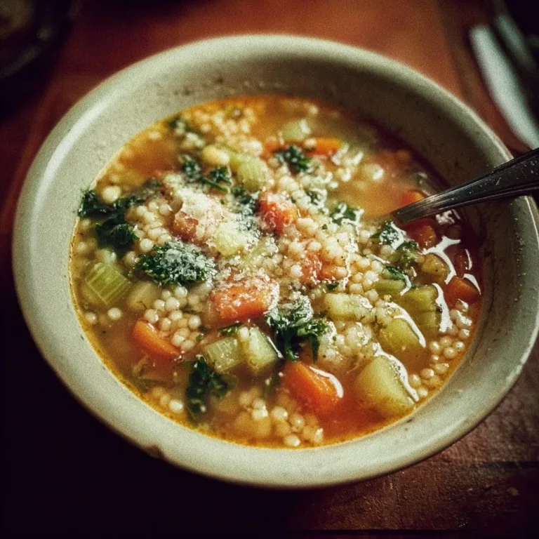 Bowl of Italian Pastina Soup with tiny pasta and herbs