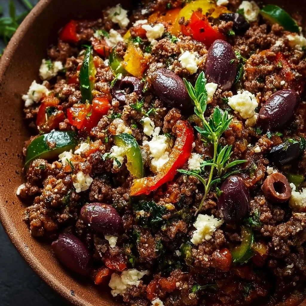 Mediterranean Ground Beef Stir-fry with Olives & Feta in 30 Minutes