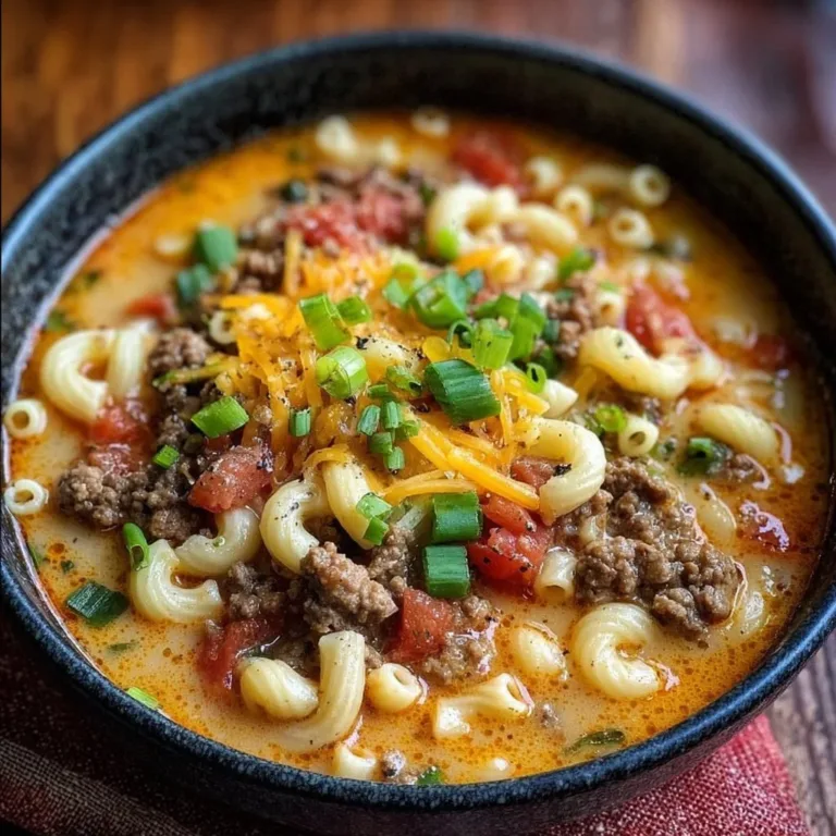 Delicious bowl of Mac & Cheese Burger Soup topped with melted cheese and herbs.