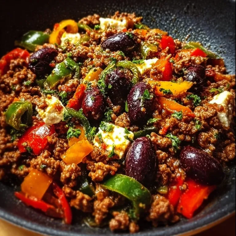 Delicious Mediterranean ground beef stir-fry with olives and feta cheese in a skillet