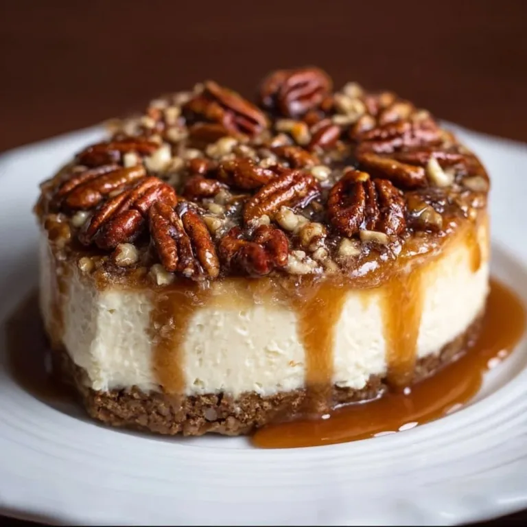Slice of decadent pecan pie cheesecake topped with caramel and pecans